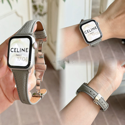 适用苹S11果手表带真皮细款蝴蝶