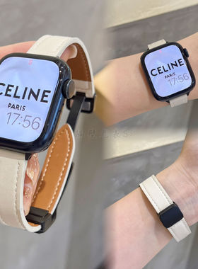 适用苹果手表带ApplewatchS11皮质细款瘦身磁吸扣iwatch87se2百搭