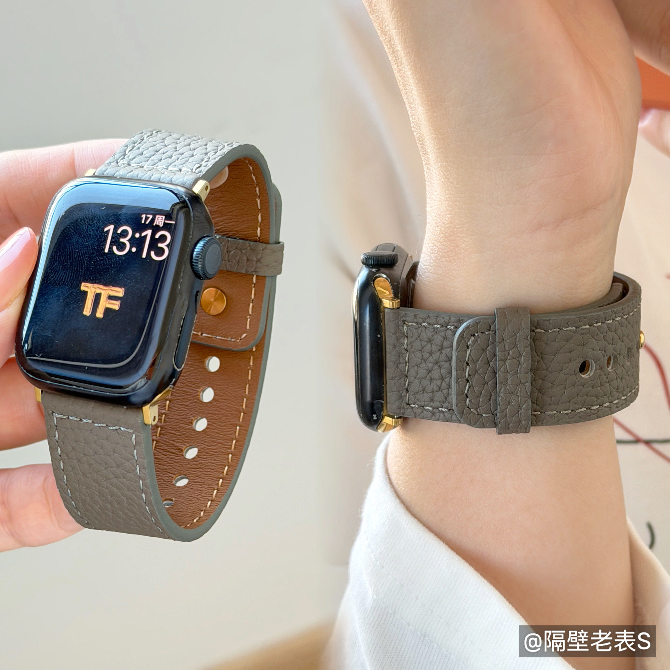 适用watchS11苹果手表带钉子扣宽荔枝纹皮质方尾apple watch98SE3