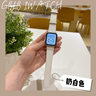 适用苹果手表S11表带SE39代Apple Watch8654十字纹真皮Ultra3商务