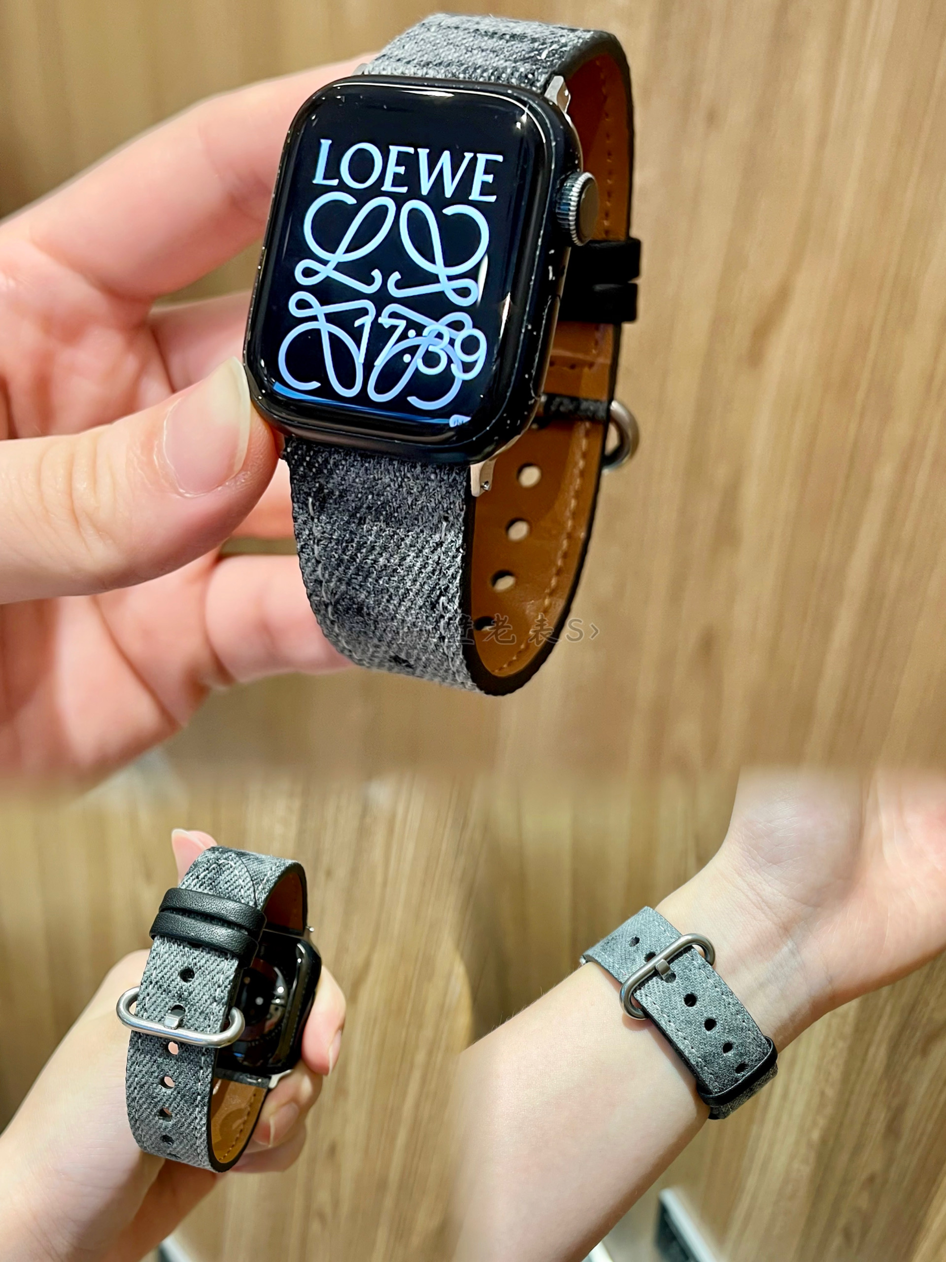 适用watchS11复古牛仔布皮质表带