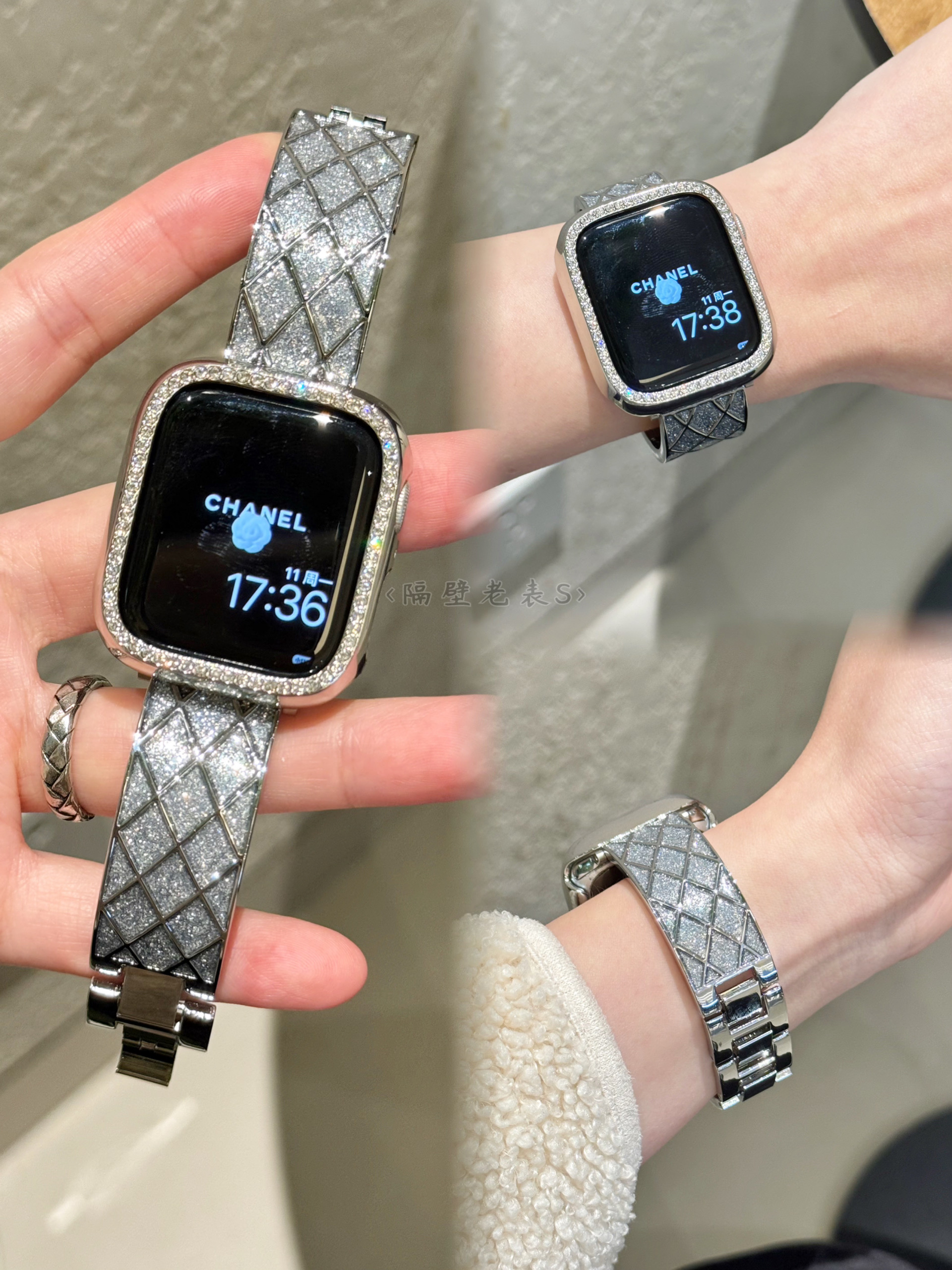 适用于苹果手表带Apple watch9金属闪砂手镯款iwatch87SE高级百搭