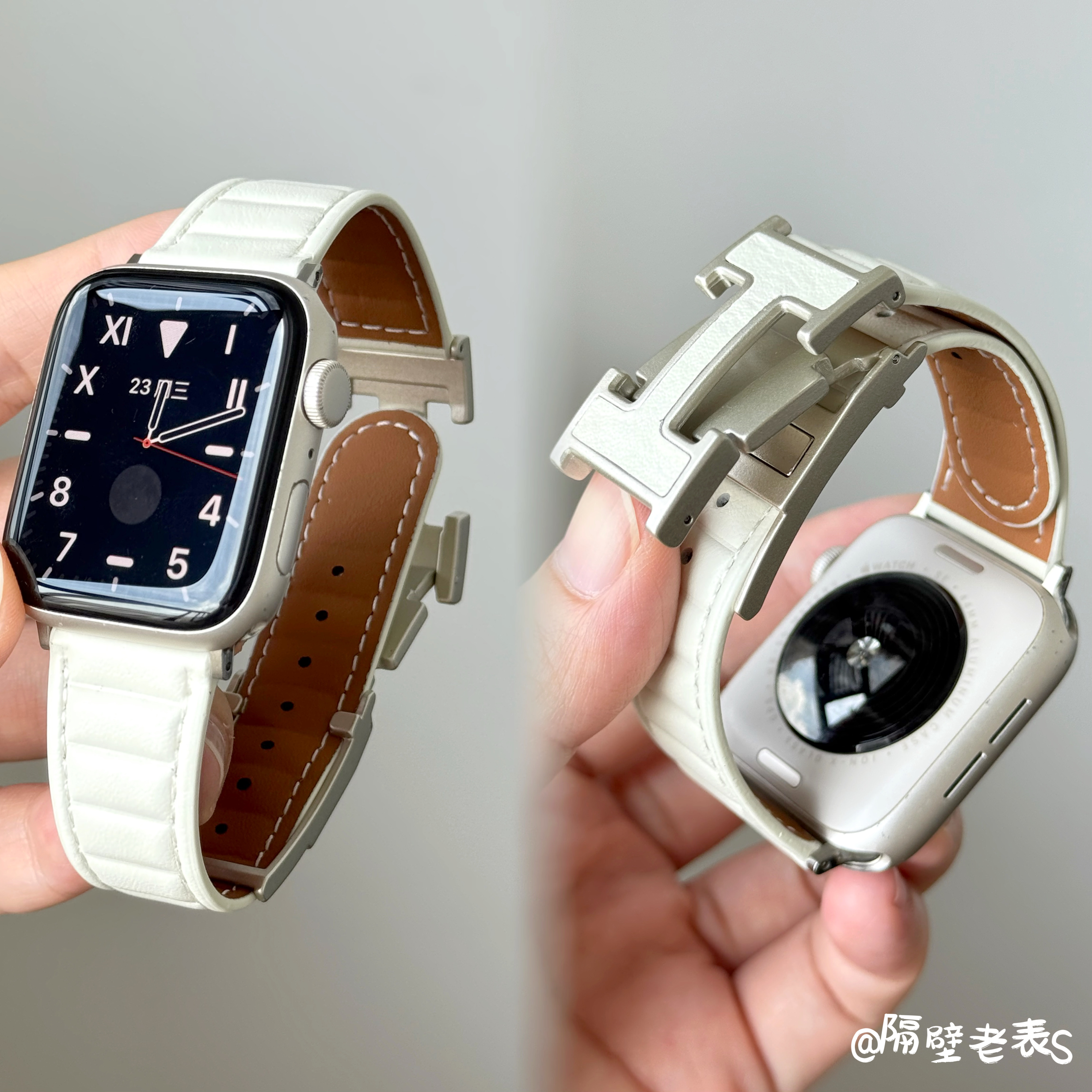 适用watch波浪纹皮质H磁吸扣表带