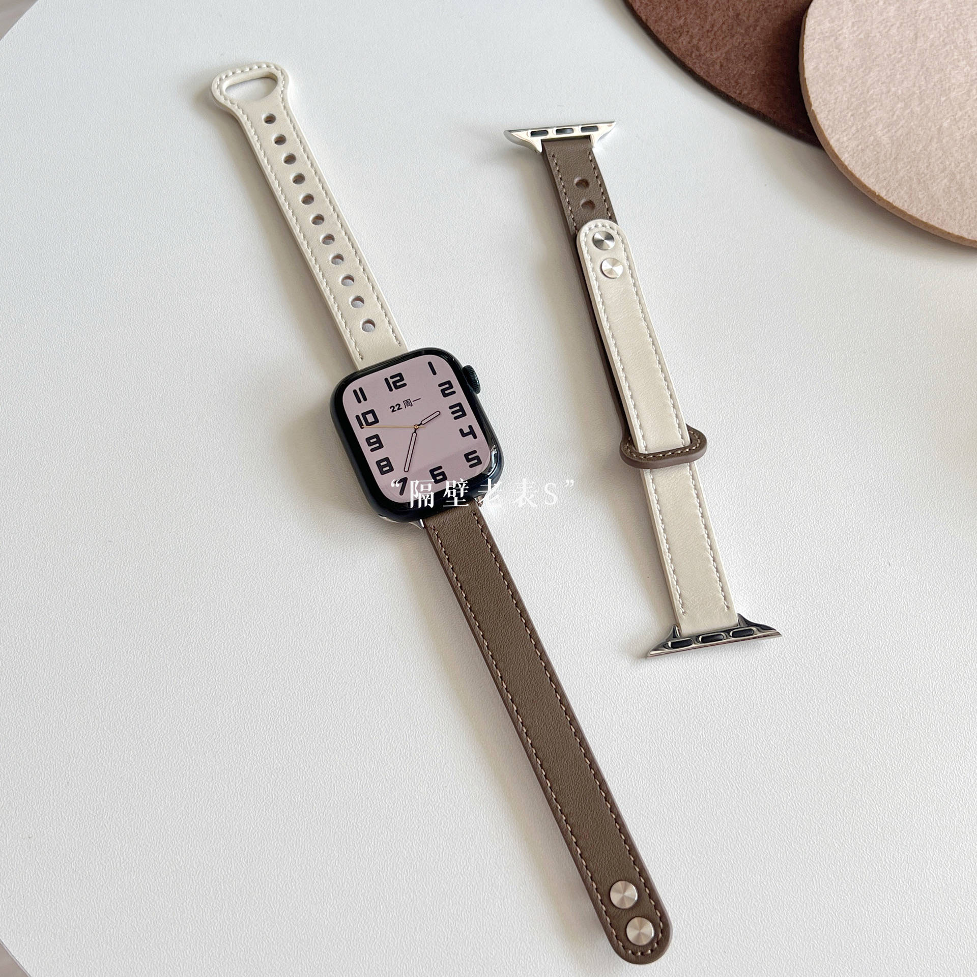 适用watch9表带双钉撞色细款皮质