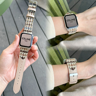 秋冬新款适用苹果手表表带Apple watchS11羊毛拼皮千鸟格iwatch98
