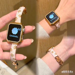 适用苹果手表带apple watch11滴胶花朵钻金属弯片手镯10代SE398女