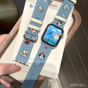适用苹果手表牛仔布刺绣可爱图案表带iwatchS11applewatchSE3秋冬