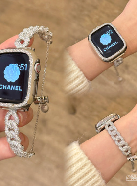 适用苹果手表iwatchS11表带牛仔细金属满钻手链apple watch98奢华