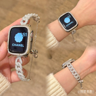 适用苹果手表iwatchS11表带牛仔细金属满钻手链apple watch98奢华