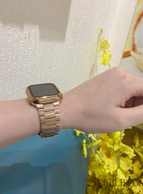 适用苹果手表7表带applewatchS1198SE3不锈钢超薄三珠iwatch百搭