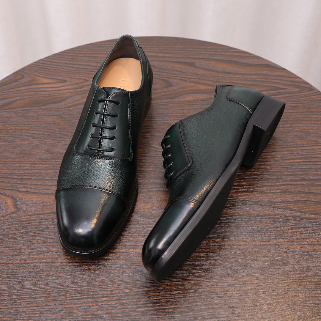 2026春夏新潮款正装皮鞋男式荔枝纹牛皮拼色三接头英伦时尚德比鞋