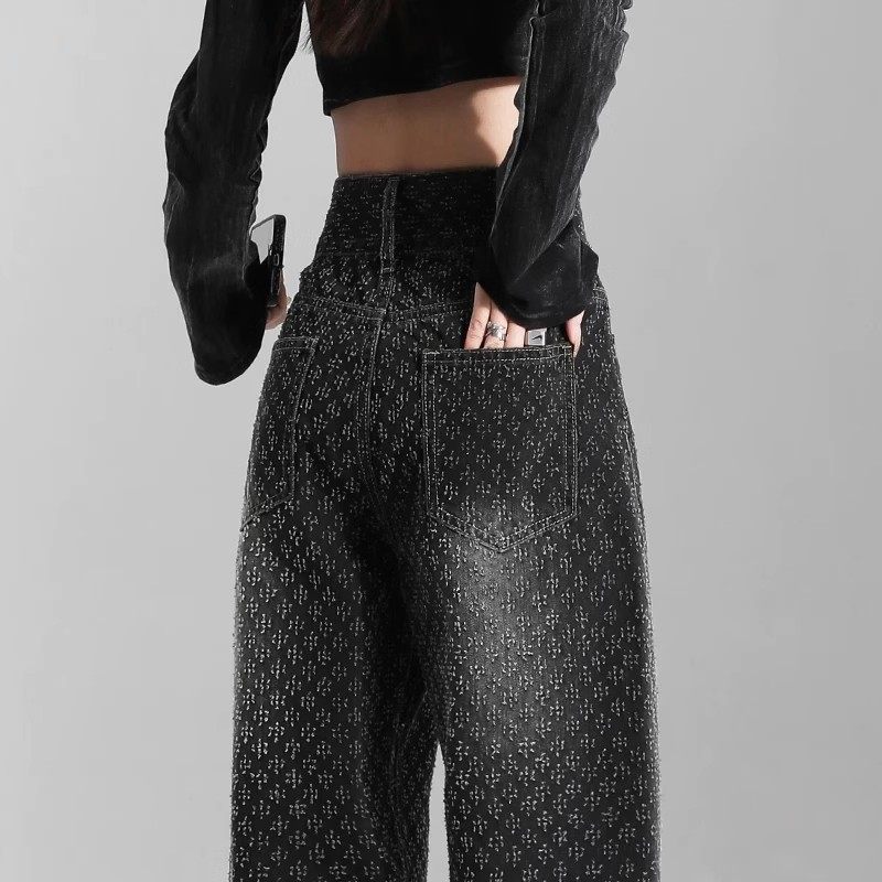 2025春秋款提花高腰阔腿牛仔裤女欧货花色黑色勾花裤子欧洲站潮流,女装/女士精品,牛仔裤,淘宝优惠券,粉丝福利购,淘宝优惠卷