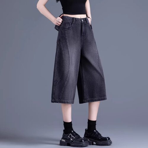 高腰六分阔腿牛仔短裤女夏薄款