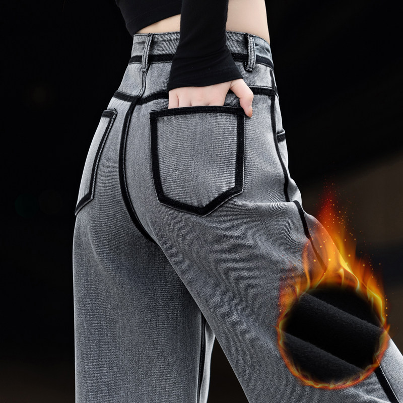 加绒牛仔裤女2024年新款秋冬季烟灰色侧条纹裤子九分直筒裤阔腿裤,女装/女士精品,牛仔裤,淘宝优惠券,粉丝福利购,淘宝优惠卷
