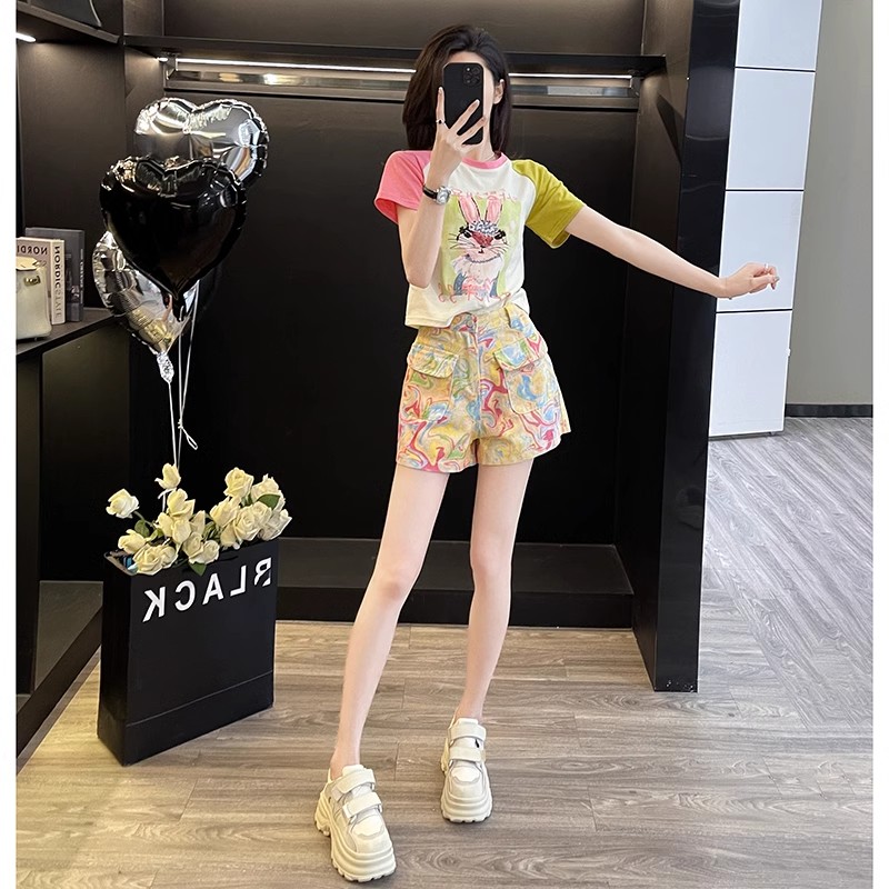 洋气印花牛仔裤女夏时尚韩版