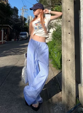 海边度假条纹长裤女蓝色竖条纹比基尼阔腿裤女夏薄直筒宽松拖地裤