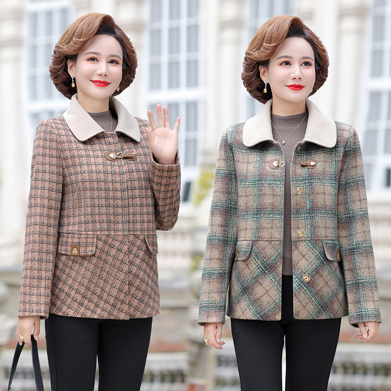时尚妈妈春装短款外套2025新款中老年人女装春秋洋气格子毛呢上衣