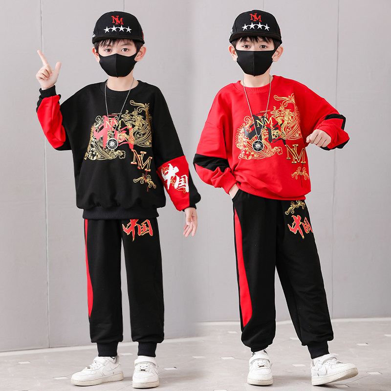 儿童装男童2025年春秋新款红色开学春季龙男孩中国风潮男卫衣套装