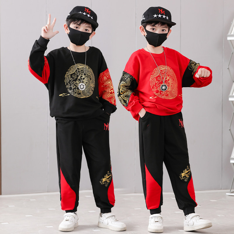 国潮风童装8中大男童圆领卫衣纯棉9岁男孩中国龙帅气时髦红色套装