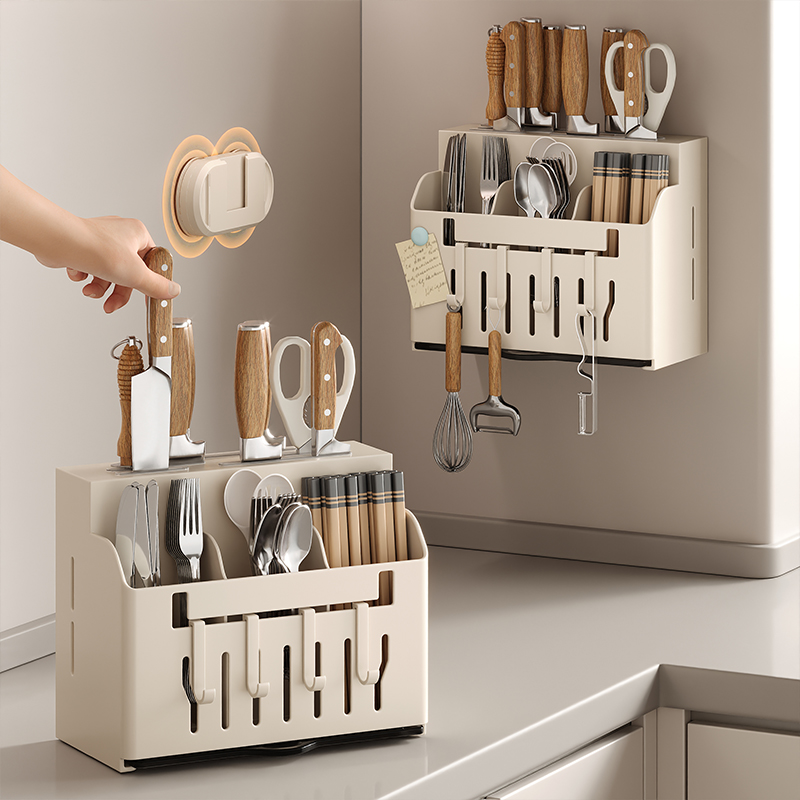 吸盘厨房置物架免打孔墙上刀架筷筒一体收纳架家用壁挂菜刀架筷笼