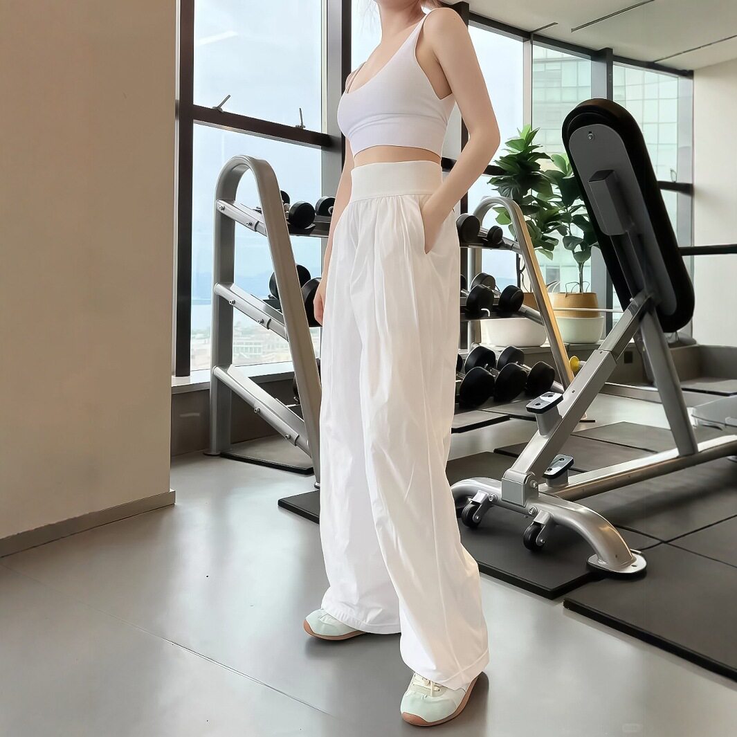 夏季薄款网球阔腿显瘦运动长裤女高腰宽松白色双面网纱健身直筒裤