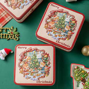 卡通圣诞正方形曲奇饼干糖盒子雪花酥牛轧糖包装盒空盒马口铁盒