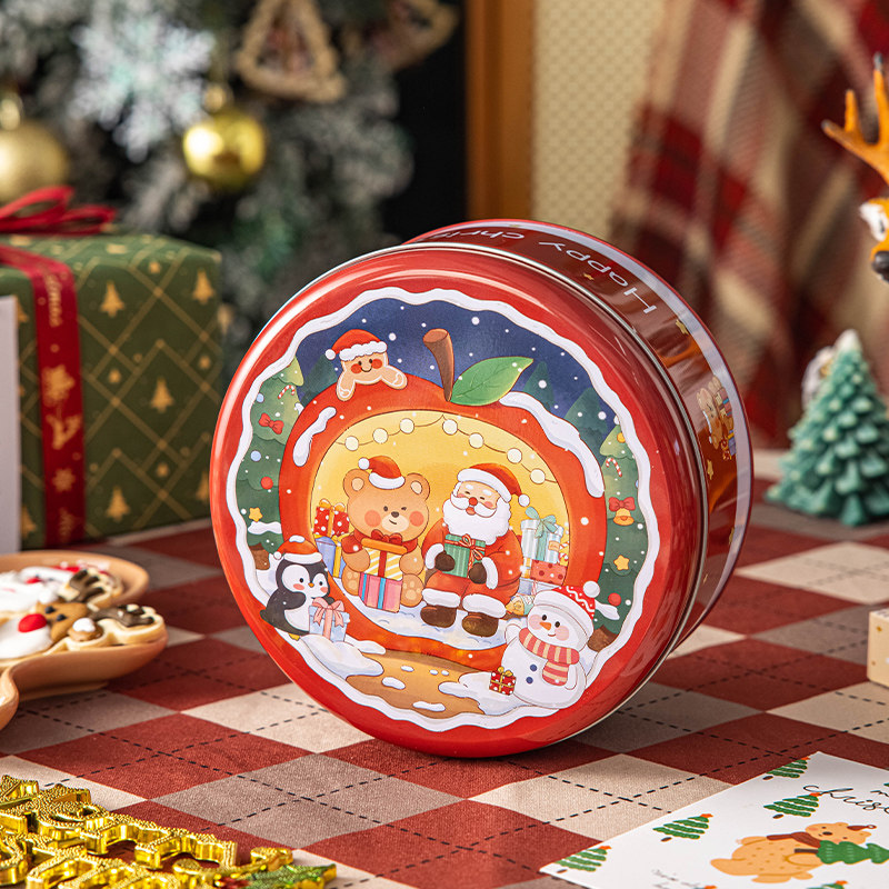 圣诞圆形打包装盒子马口铁收纳盒烘焙饼干甜品糖果伴手礼物品盒空