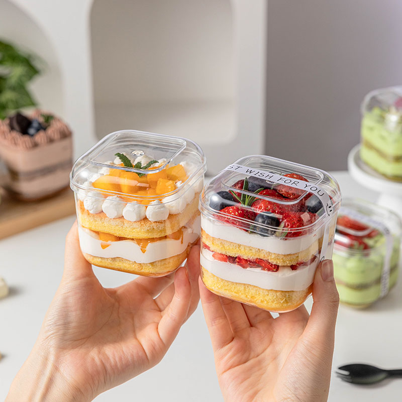 慕斯方形包装盒一次性透明罐提拉米苏蛋糕冰淇淋打包带盖摆摊贴纸