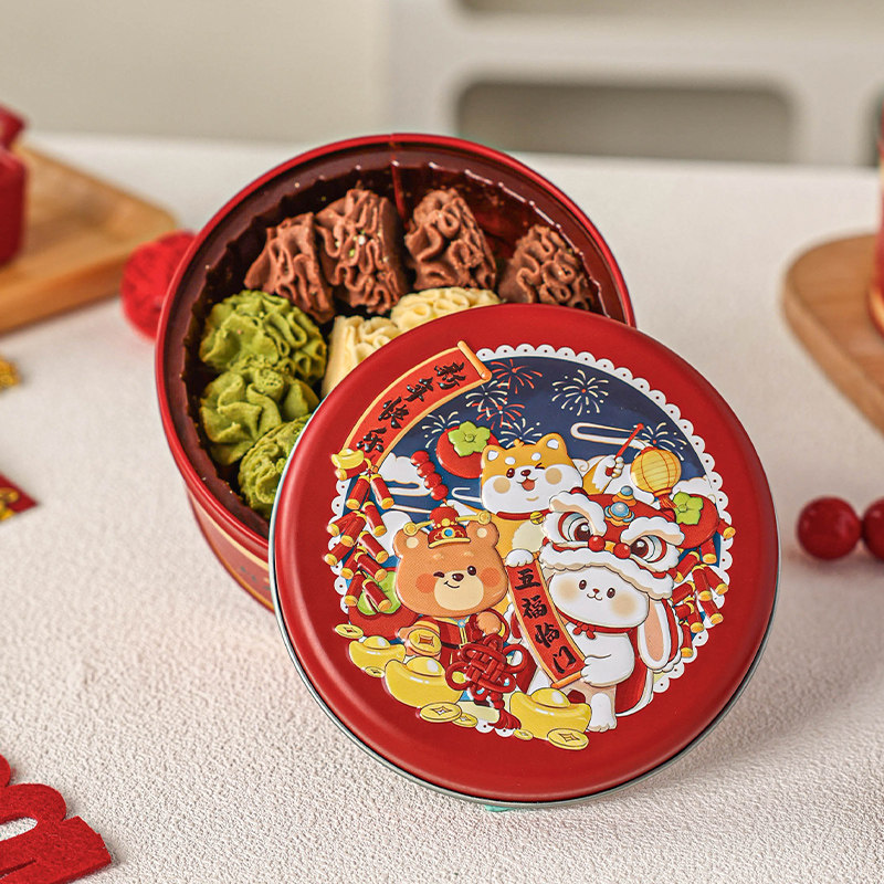 新年圆形曲奇饼干包装盒子手工烘焙甜品糖果马口铁打包盒过礼品空