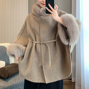 澳洲美丽诺羊毛!轻奢篙端长短款真毛领腰带双面呢大衣秋冬外套