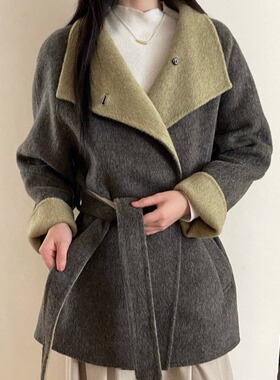 AB面双面羊绒大衣女秋冬新款高级感御姐风系带中长款羊毛呢外套女