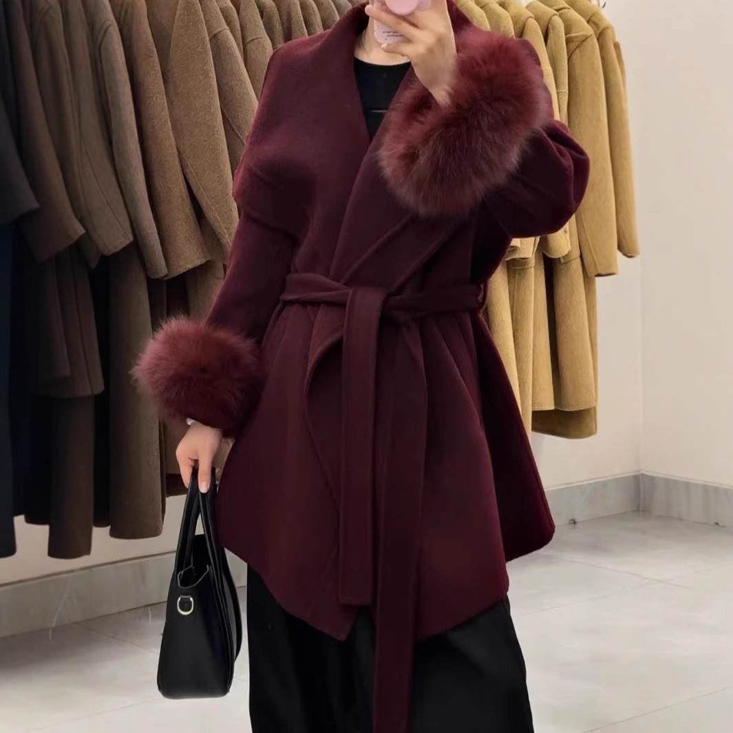 中长款狐狸毛双面毛呢大衣