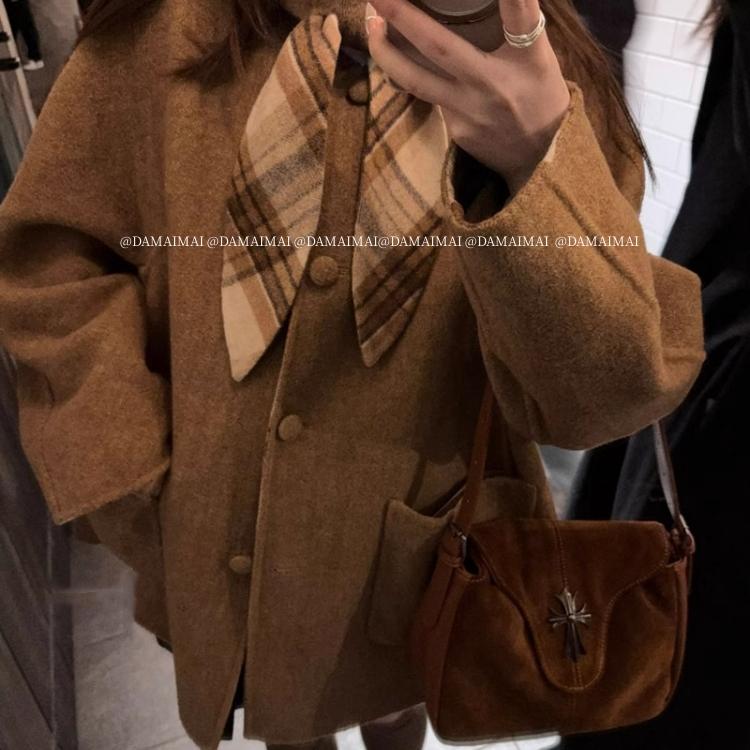 复古格纹连帽斗篷双面羊毛大衣冬季韩系高级感甜美两面穿圣诞外套