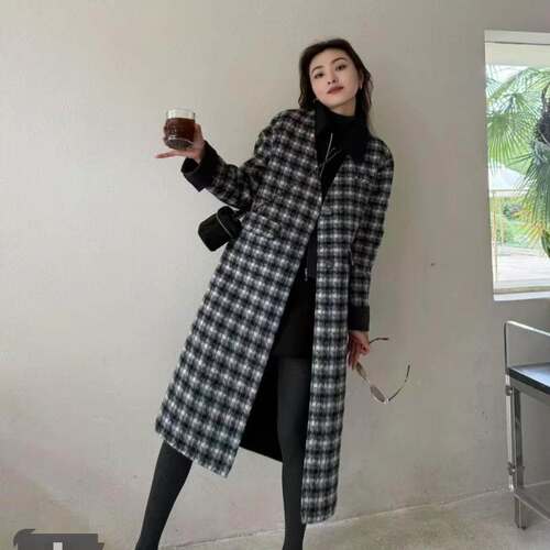 韩系格子双面羊毛过膝大衣女