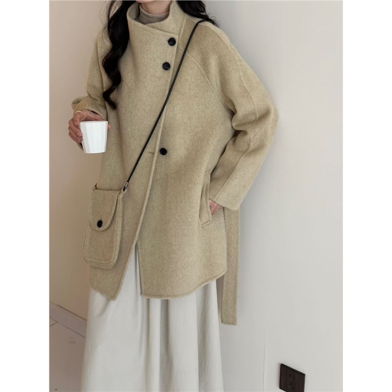 2025秋季新款设计感立领单排扣双面羊毛大衣中长款减龄显瘦配背包
