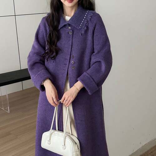 手工双面羊毛系带流苏大衣女