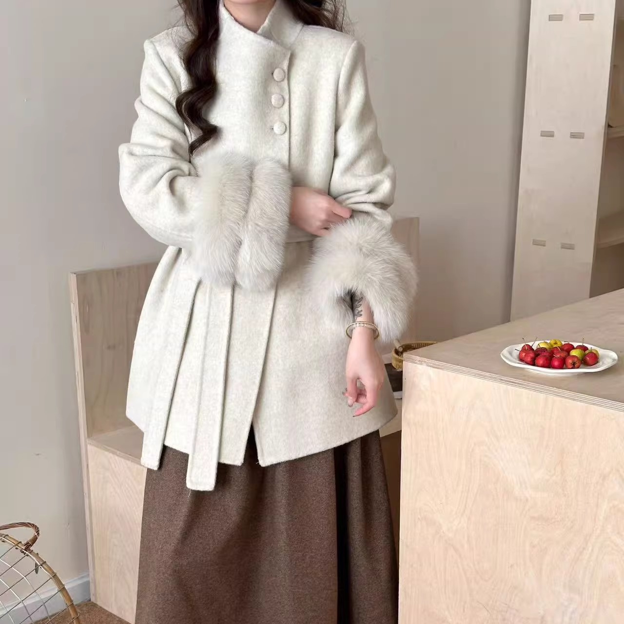 千金风全羊毛狐狸毛领斗篷双面呢大衣女中长款系带外套毛毛袖纯色