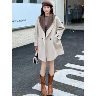 2025秋冬新款可拆卸连帽幢色显瘦全毛双面羊绒大衣外套女羊毛大衣