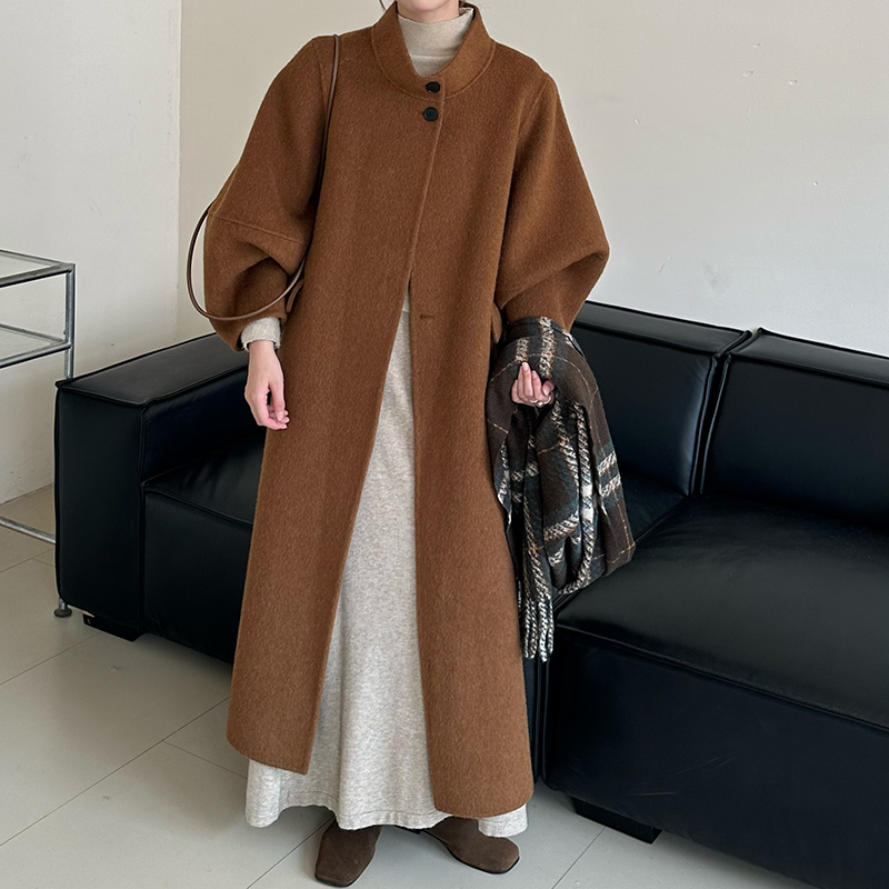 韩国东大门秋冬新款高端澳毛赫本风腰带显瘦立领长款双面羊绒大衣