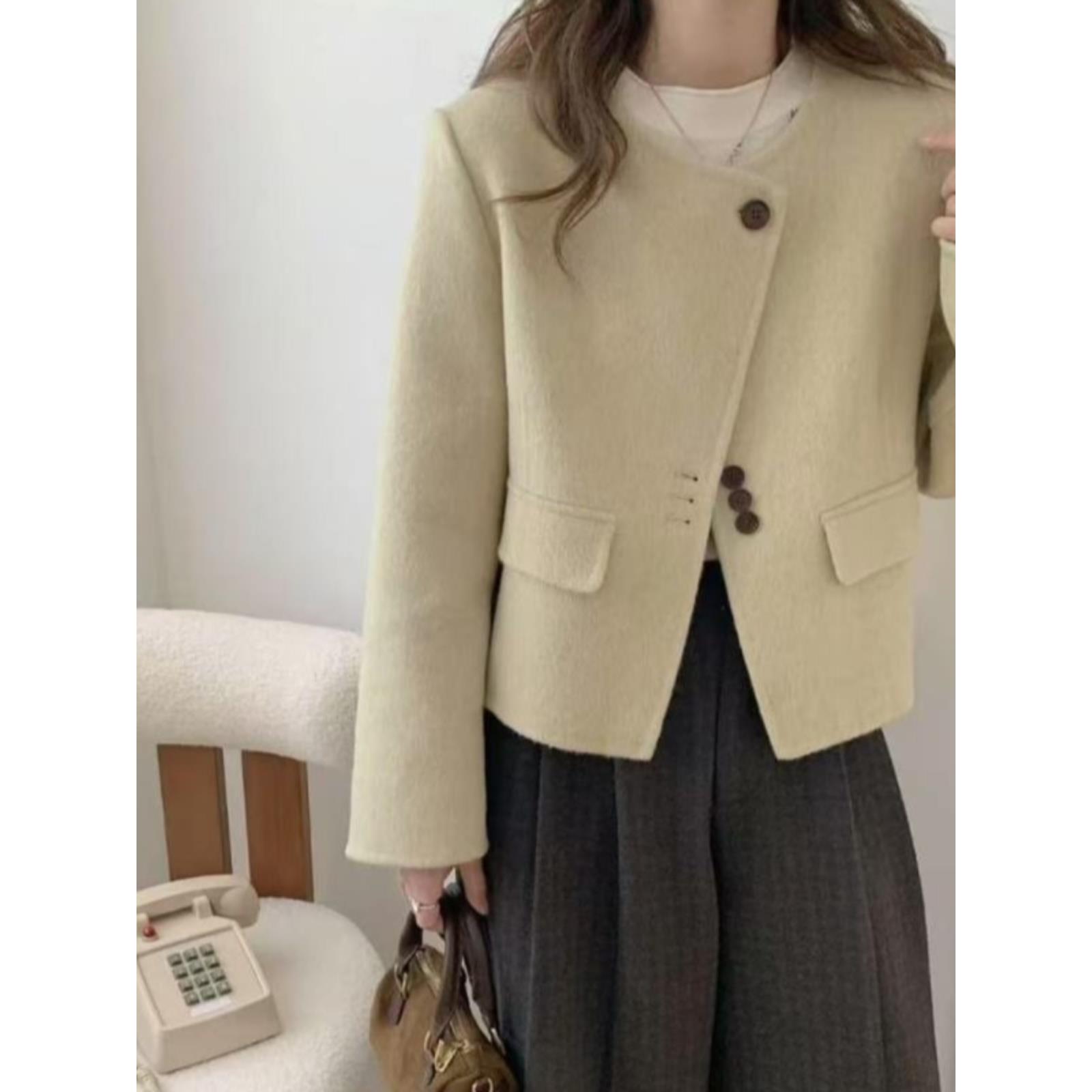 2025秋冬新款双面羊毛大衣女短款小香风圆领韩系减龄显瘦羊毛外套