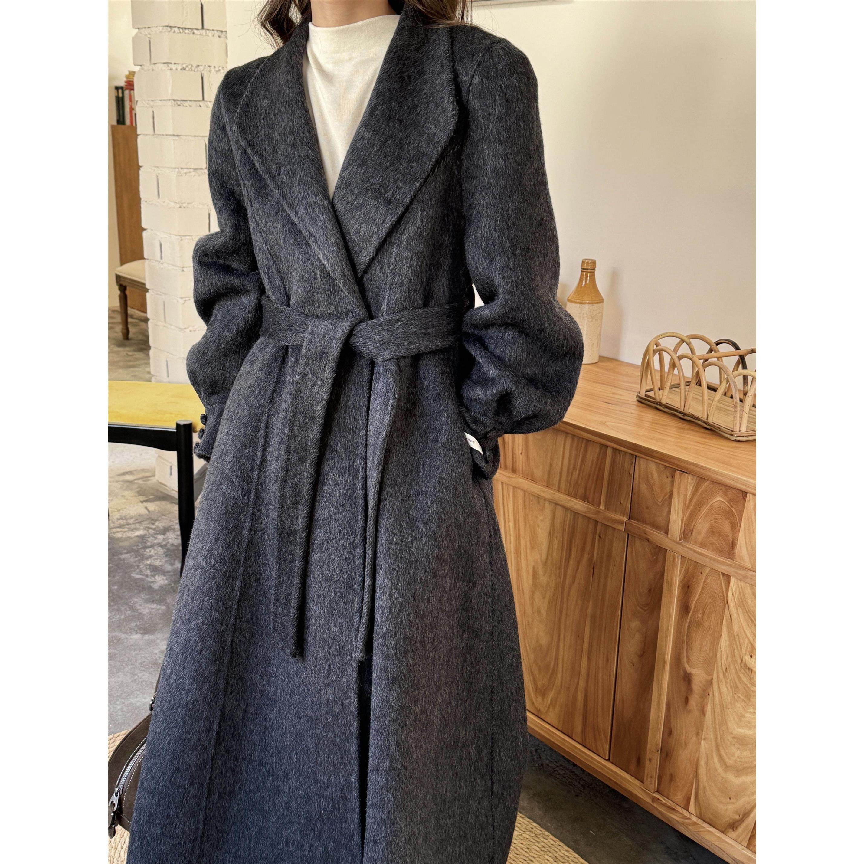 韩版东大门双面羊毛绒大衣女2025秋冬中长款系带收腰显瘦毛呢外套