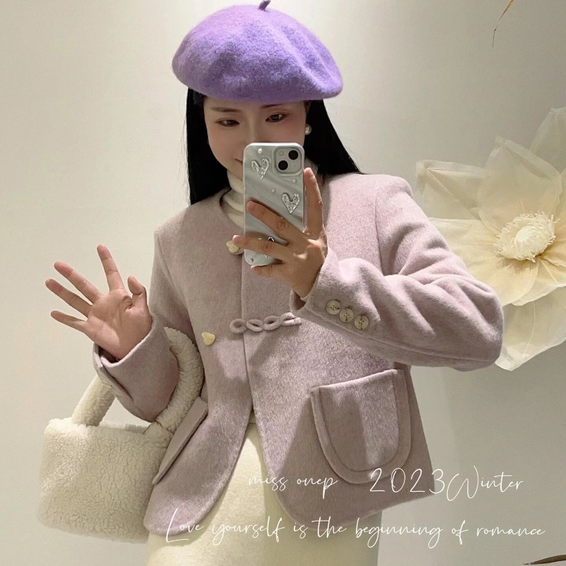 爱心扣小香风双面羊绒大衣女短款2025新款韩版时尚圆领羊毛呢外套