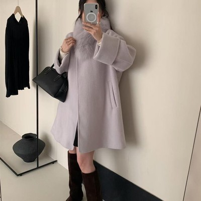 中长款狐狸毛领双面羊毛毛呢外套