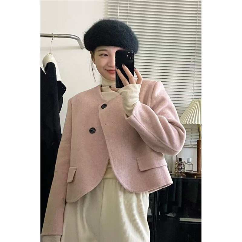 韩系圆领双面羊绒大衣女短款单排扣小个子羊毛呢外套2025秋冬新款