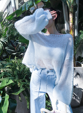 特 慵懒舒适时髦少女俏皮两色chao柔gao比例lin马海毛毛衣套头