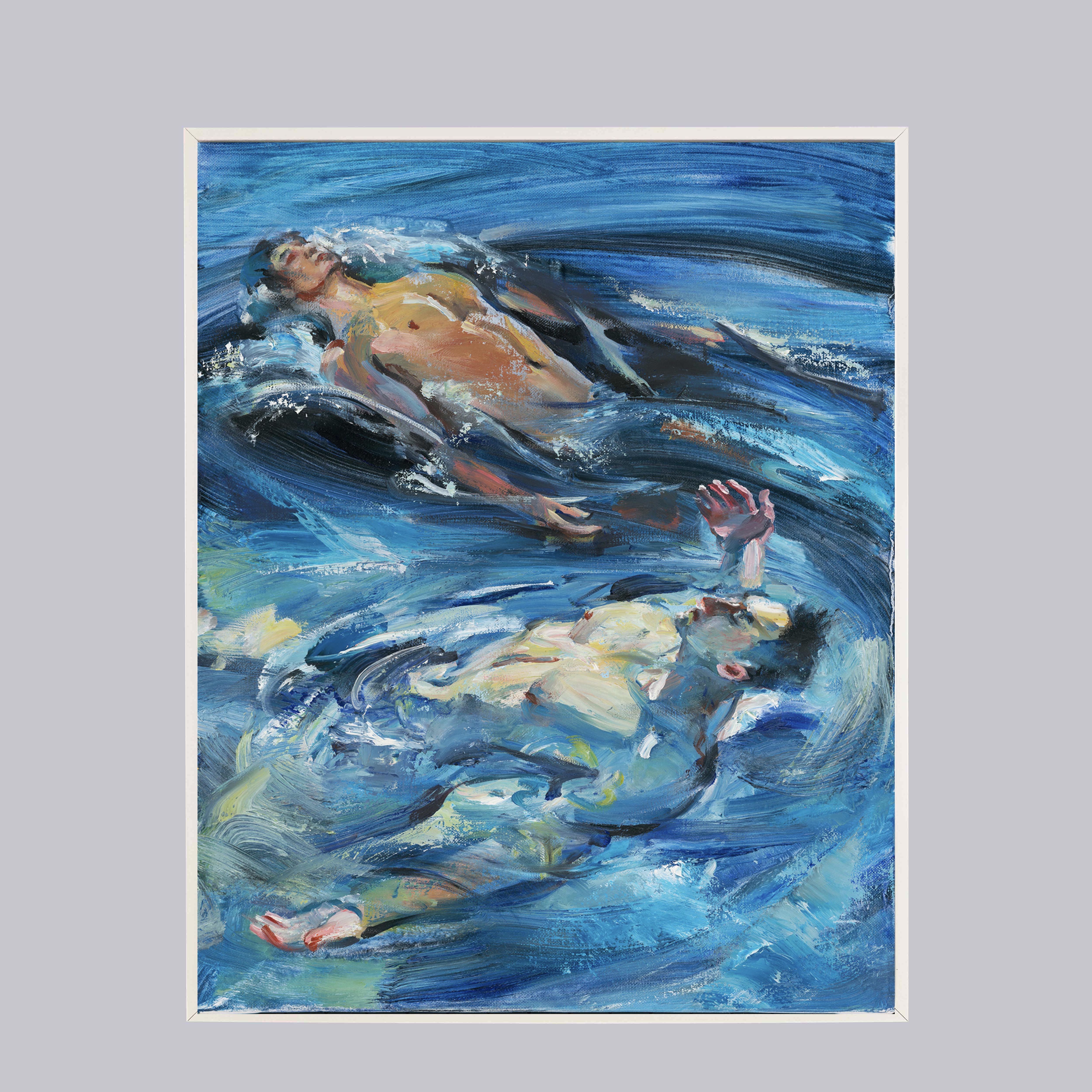 原创男生主题油画蔚蓝色游泳池