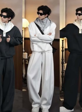 春秋美式拼接连帽卫衣阔腿套装男