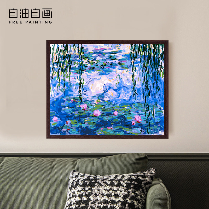 手工手绘画莫奈名画睡莲池