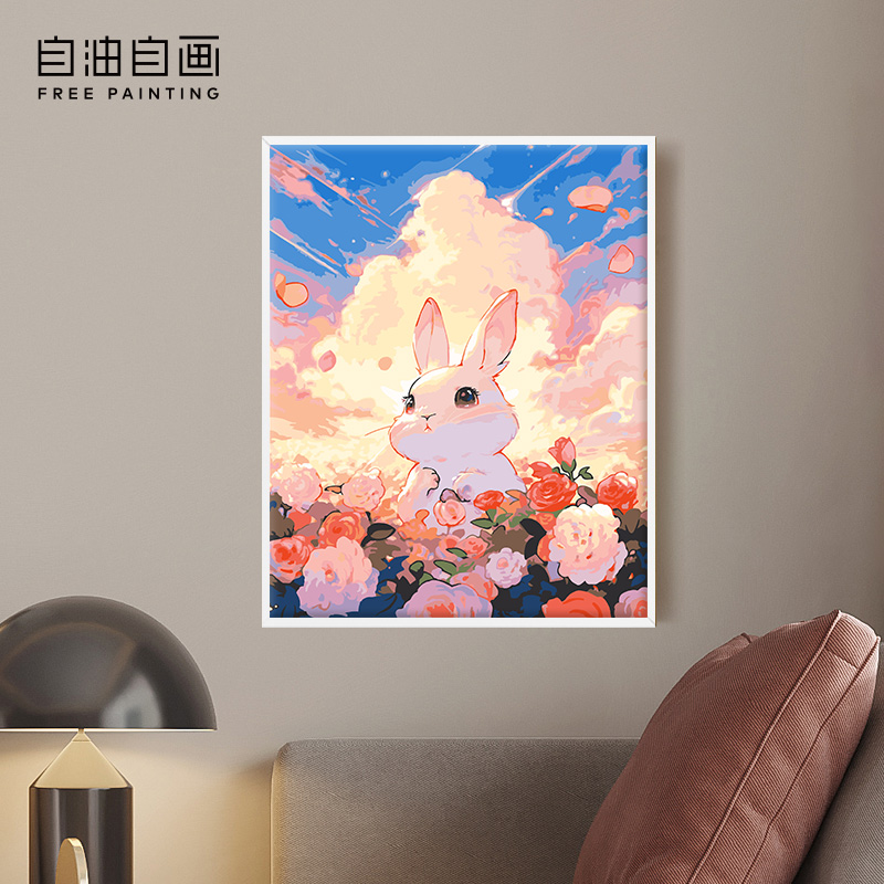 自油自画DIY数字油画花丛中兔