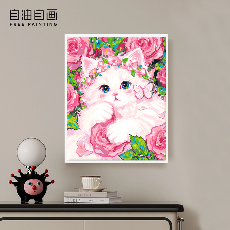 自油自画数字油画diy手绘手工填充填色丙烯油彩画 白猫的玫瑰诗篇